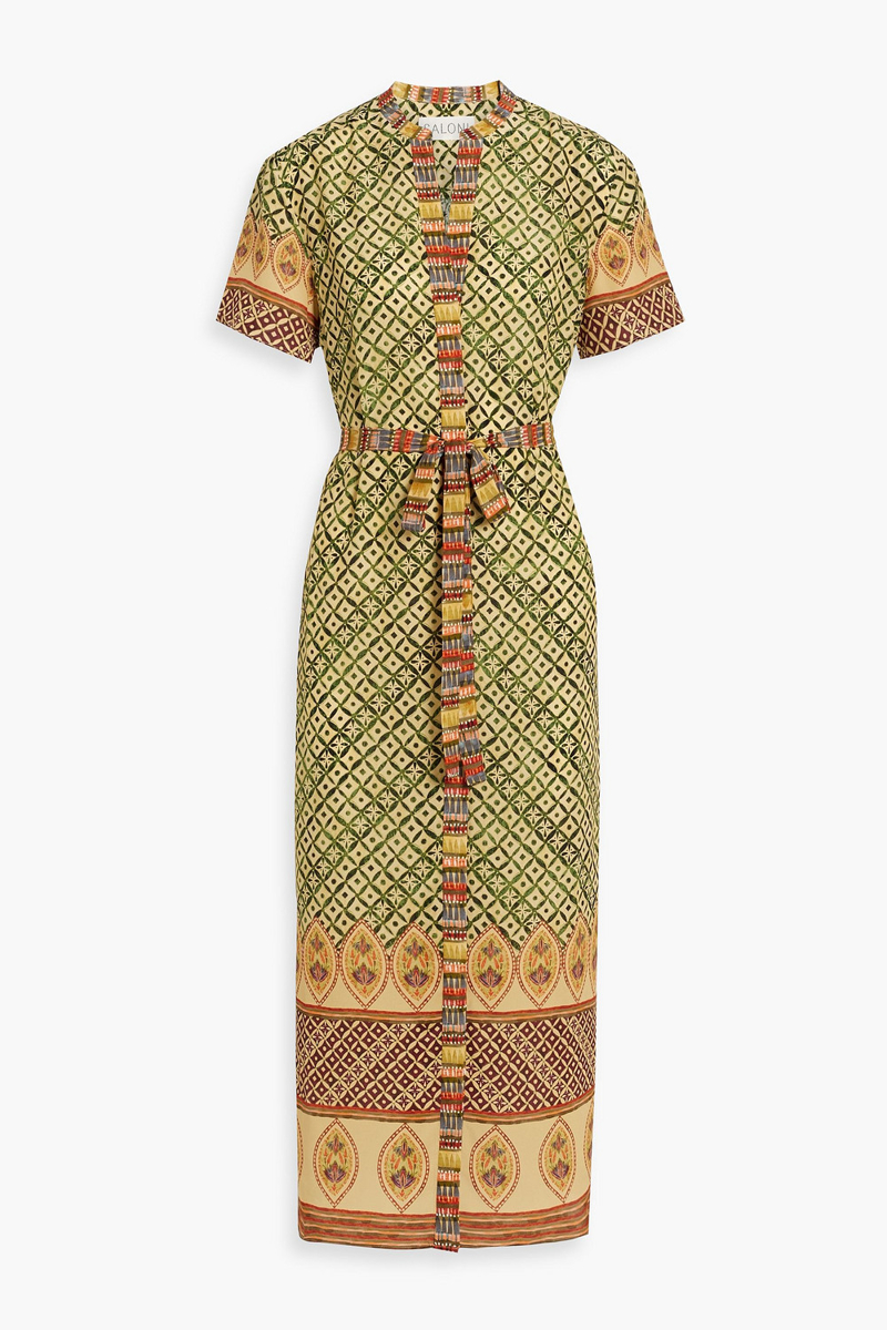 saloni - vicki printed silk crepe de chine midi dress - green - uk 12