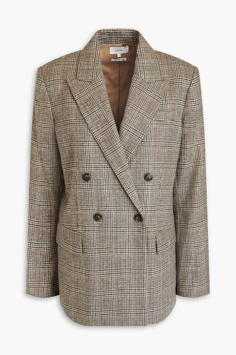 vince. - double-breasted prince of wales checked flannel blazer - neutral - us 4