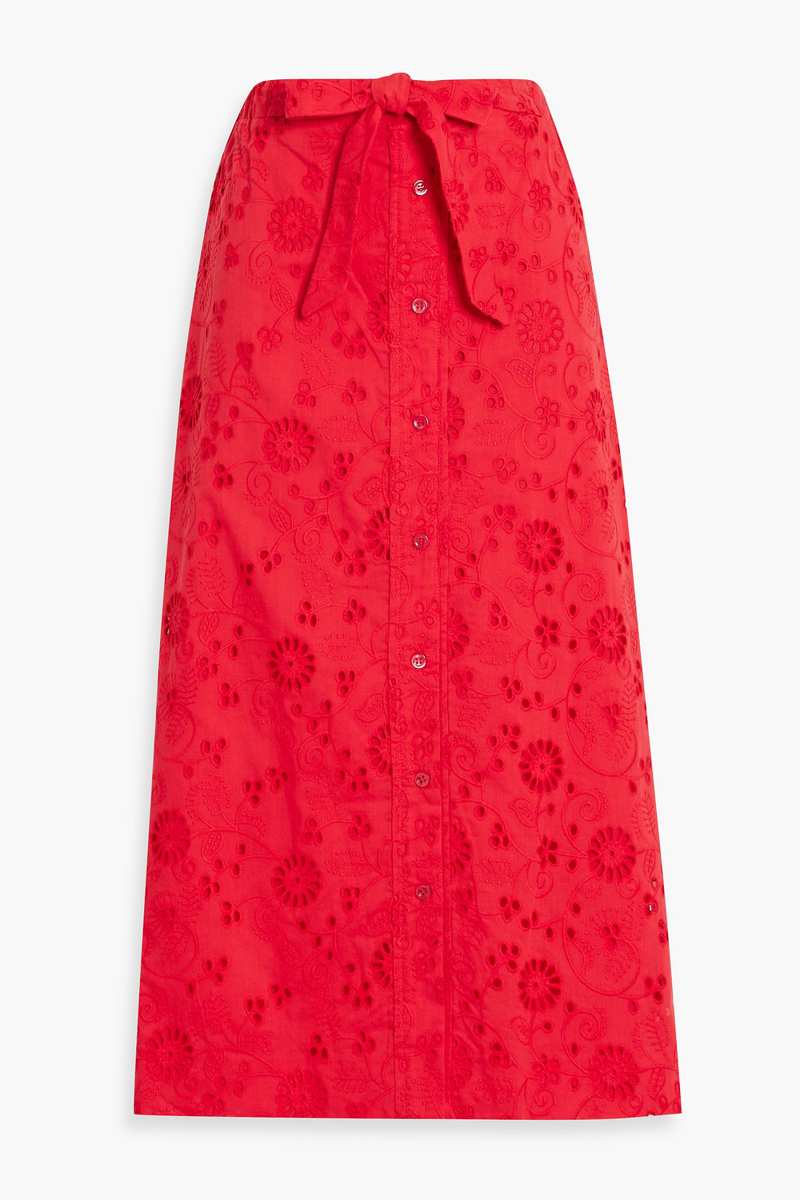 carolina herrera - bow-detailed broderie anglaise cotton midi skirt - red - us 6