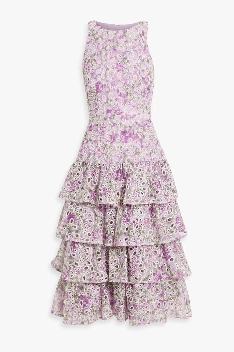 mikael aghal - tiered floral-print broderie anglaise midi dress - purple - us 8