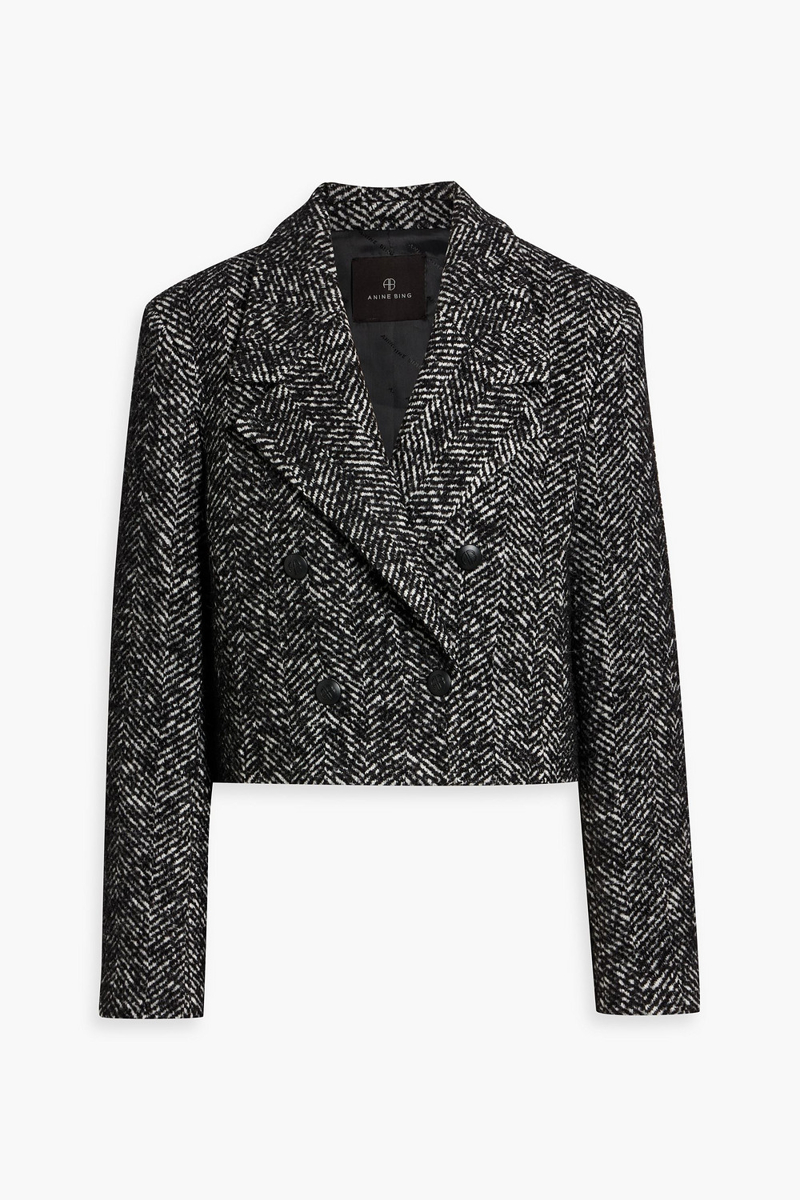 anine bing - vienna herringbone double-breasted wool-blend tweed blazer - black - s