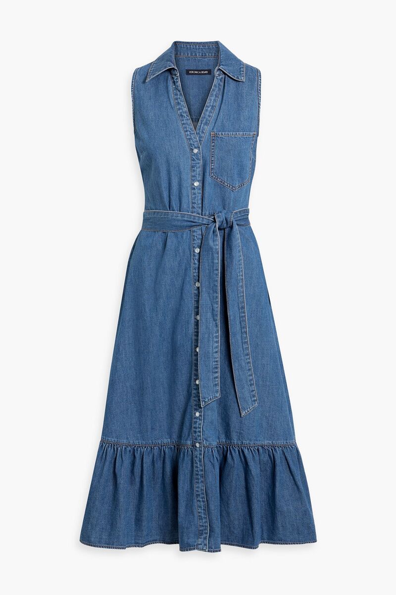 Veronica Beard - Edwina belted denim midi shirt dress - Blue - US 0