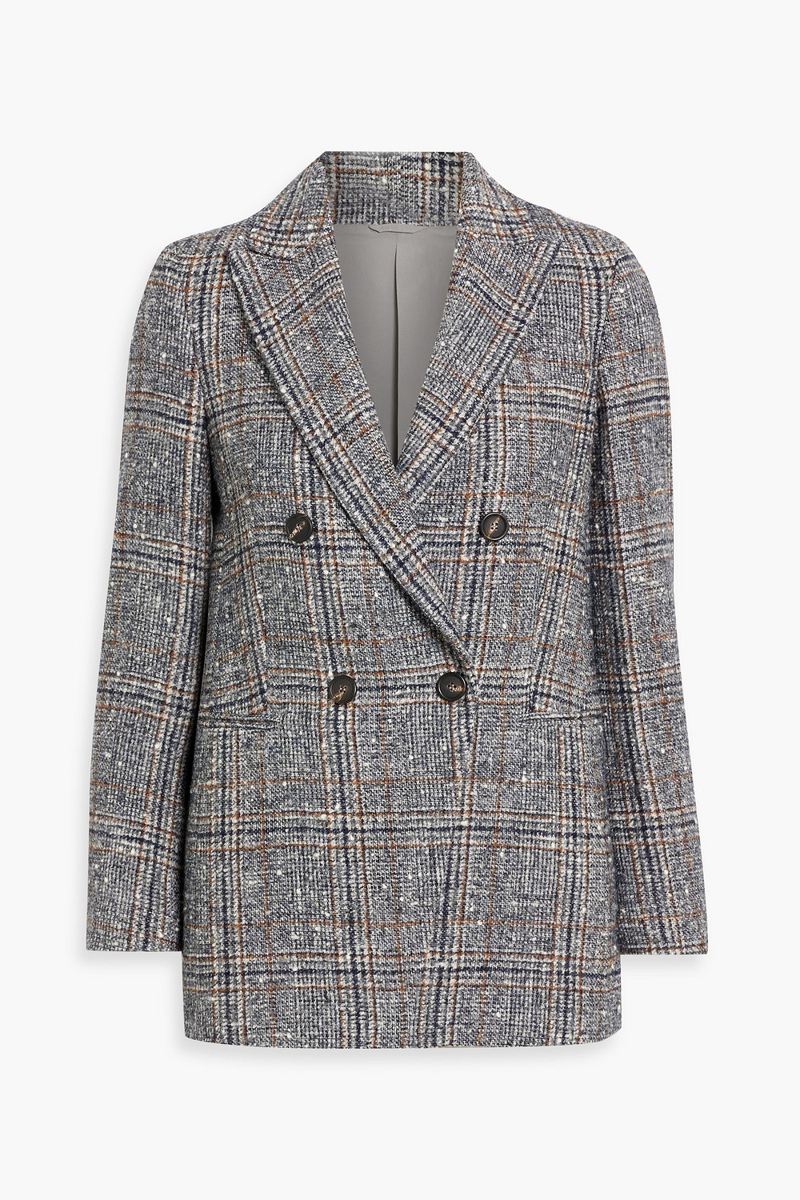 brunello cucinelli - double-breasted checked bouclé-tweed blazer - blue - it 36