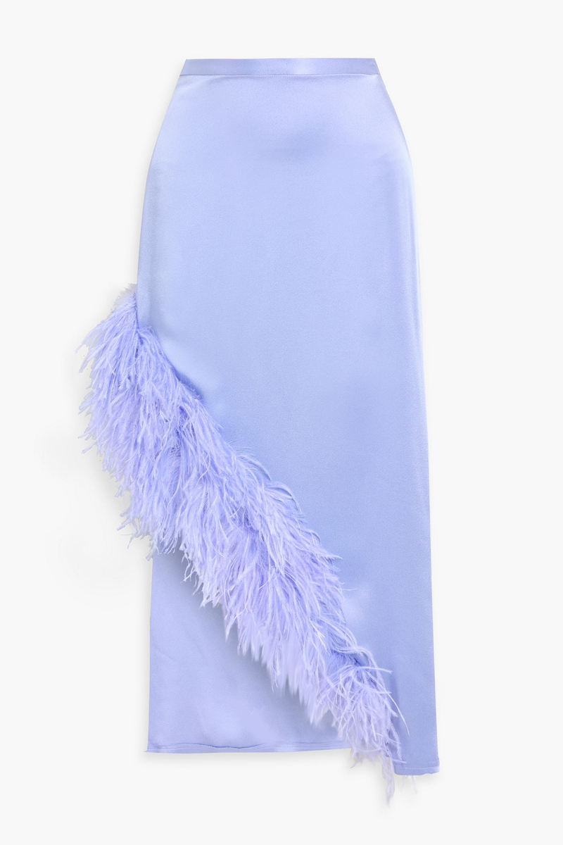 lapointe - feather-trimmed satin-crepe midi skirt - purple - us 0