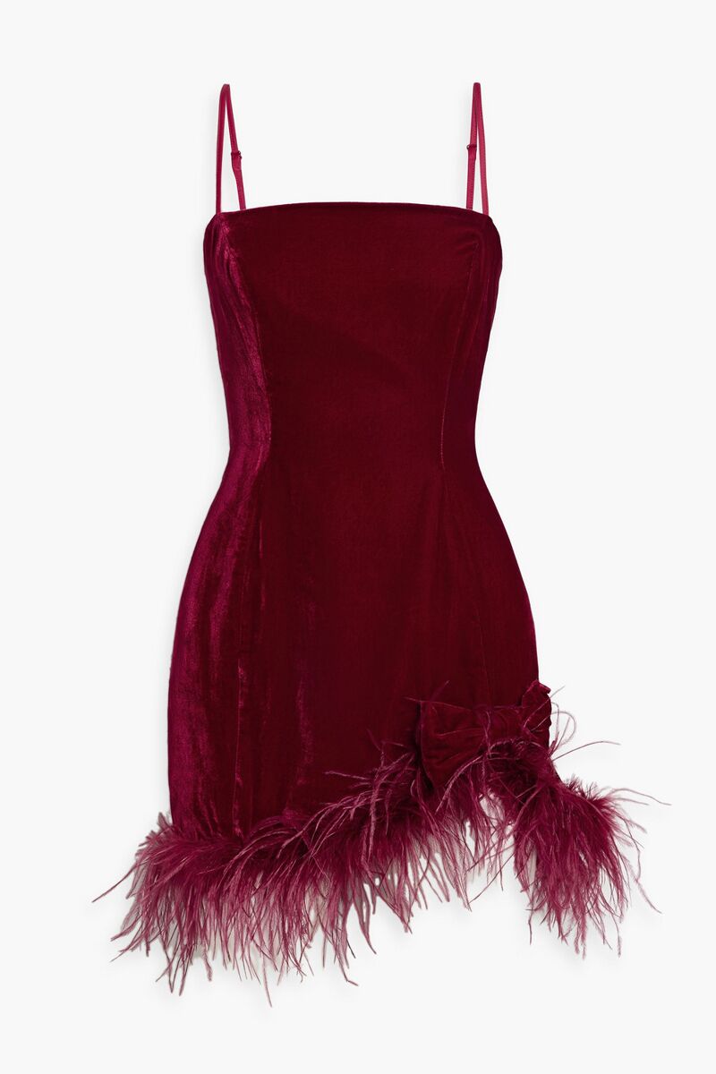 HVN - Valentina feather-trimmed velvet mini dress - Burgundy - US 6