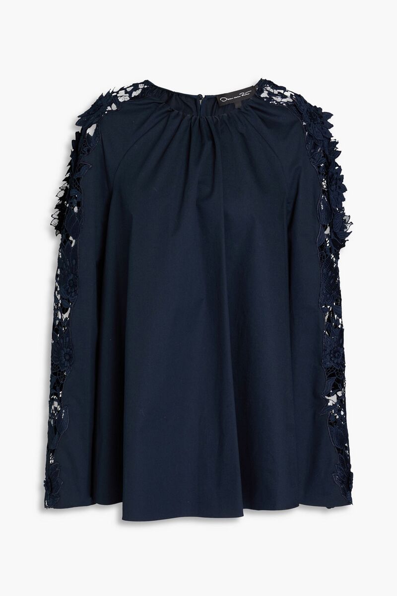 Oscar de la Renta - Guipure lace-trimmed cotton-blend blouse - Blue - US 6