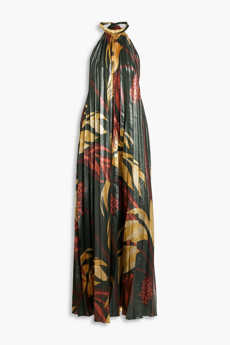 johanna ortiz - creative exchange pleated printed lamé maxi halterneck dress - green - us 2