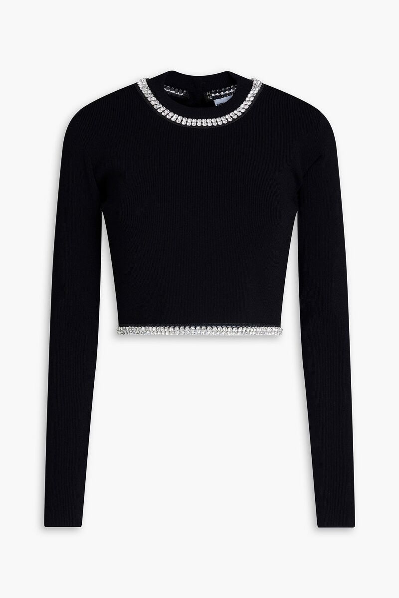 RABANNE - Cropped crystal-embellished ribbed-knit top - Black - M
