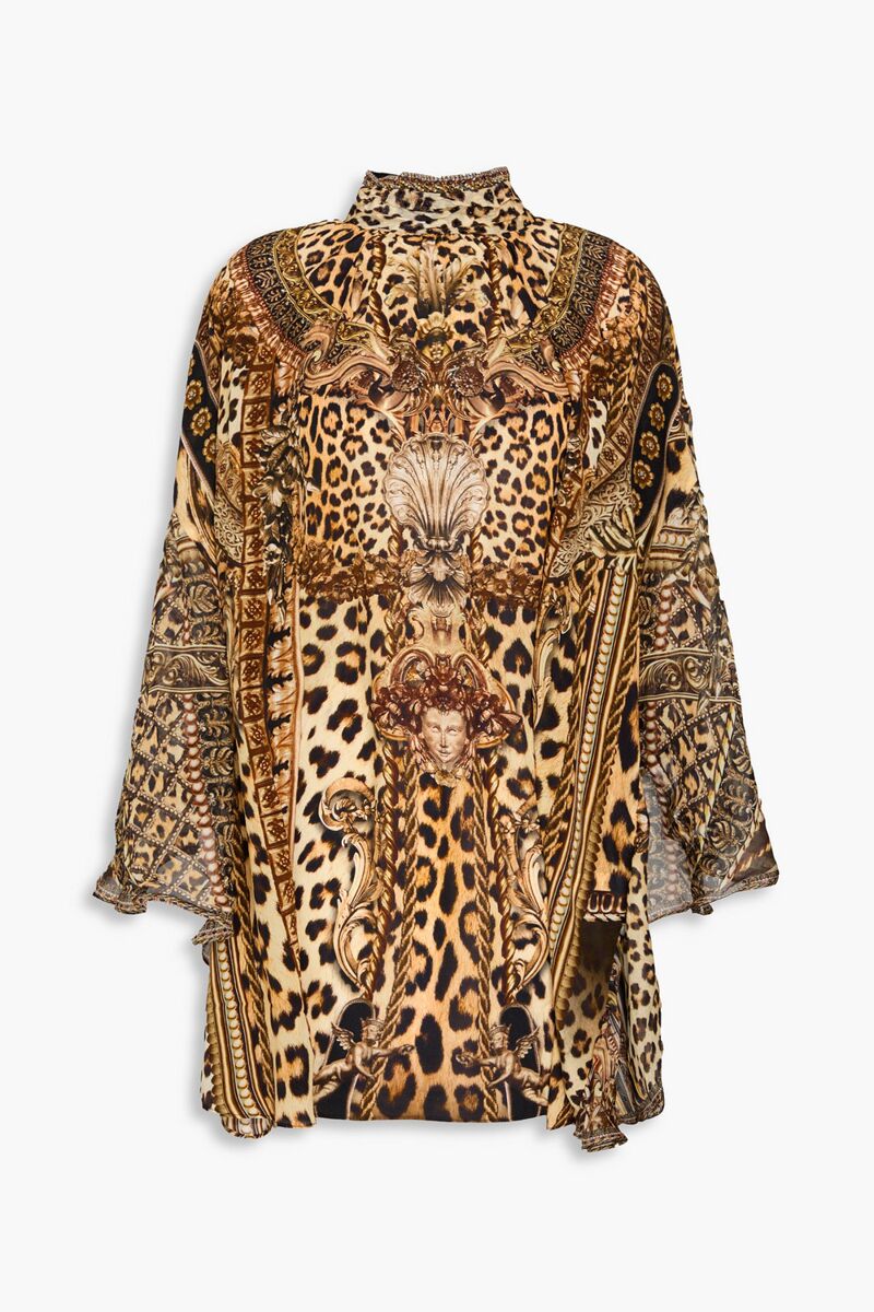 Camilla - Embellished cutout printed silk-chiffon blouse - Animal print - L