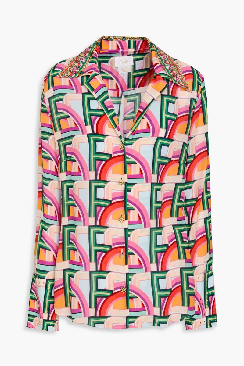 Camilla - Embellished printed silk crepe de chine shirt - Multicolor - L