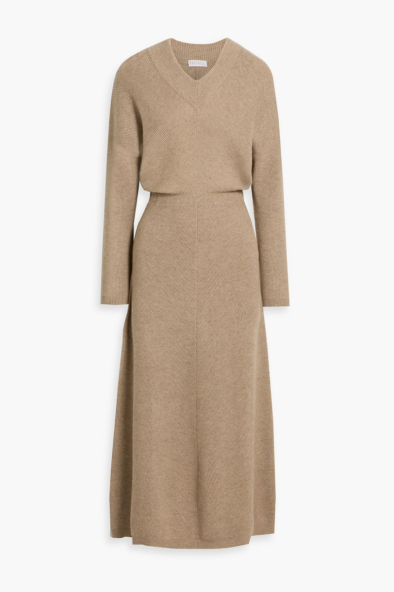 brunello cucinelli - ribbed cashmere midi dress - neutral - l