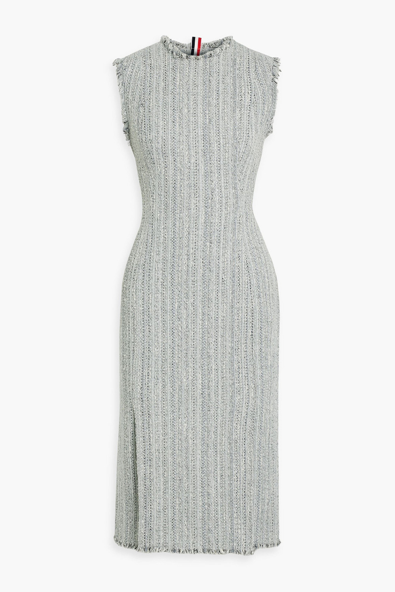 thom browne - frayed metallic tweed midi dress - gray - it 44