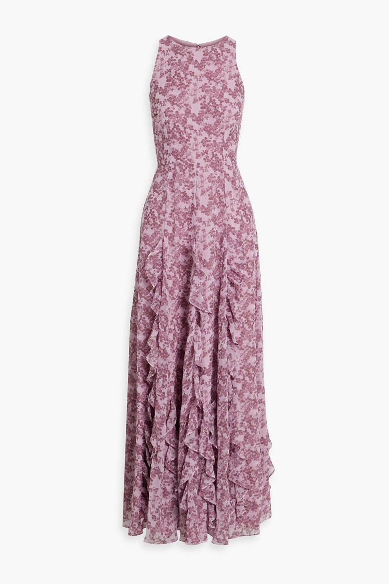 mikael aghal - ruffled floral-print chiffon maxi dress - purple - us 4
