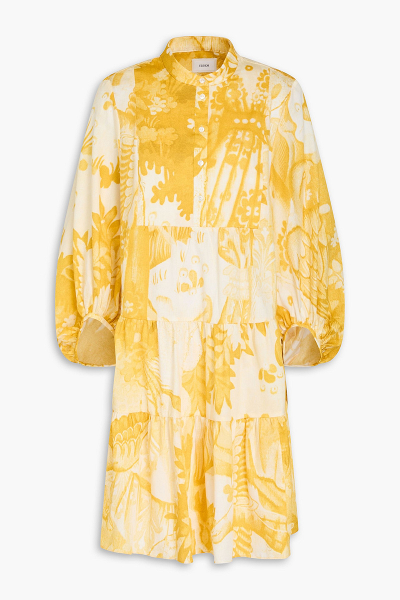 erdem - tiered printed cotton-twill mini shirt dress - yellow - uk 14