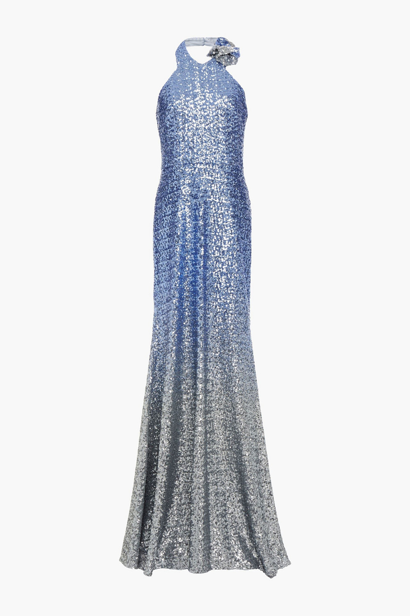 Marchesa Notte - Floral-appliquéd dégradé sequined stretch-tulle halterneck gown - Blue - US 8