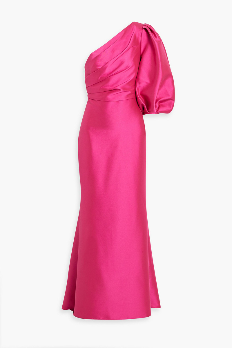 badgley mischka - one-sleeve draped faille gown - pink - us 6