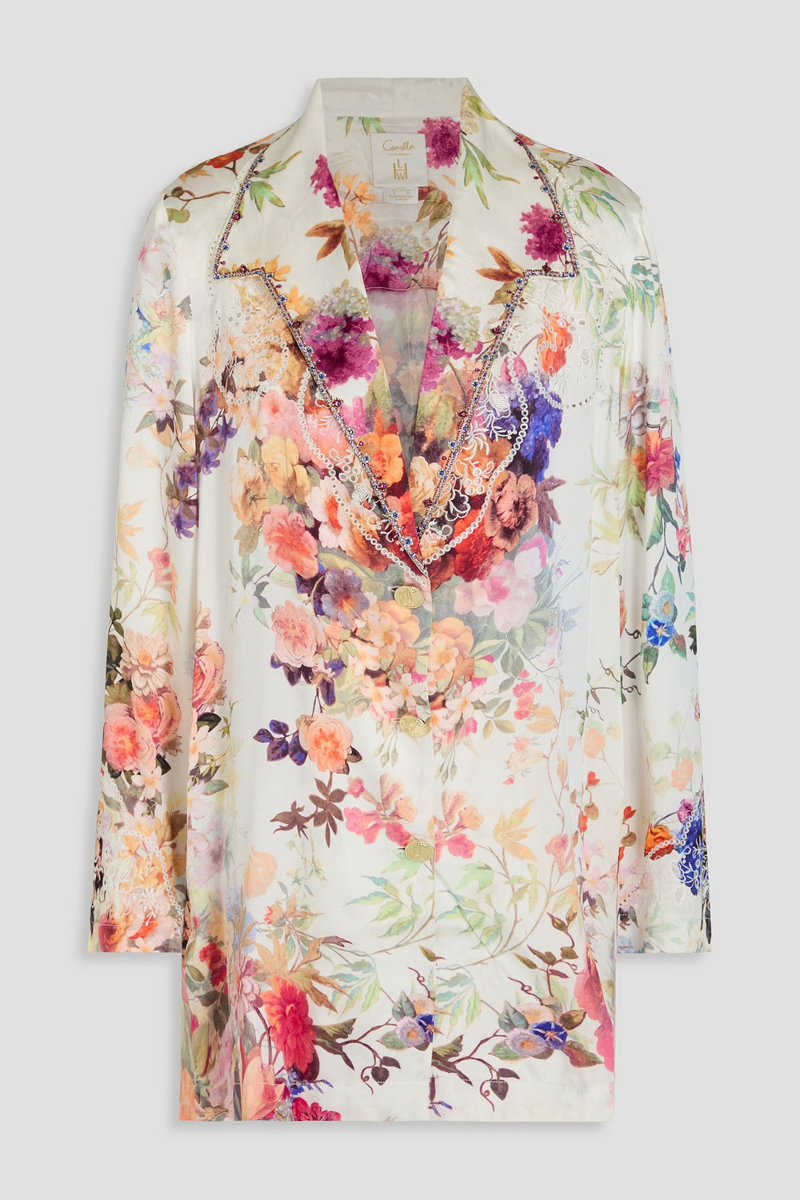 camilla - crystal-embellished floral-print silk-satin blazer - white - s