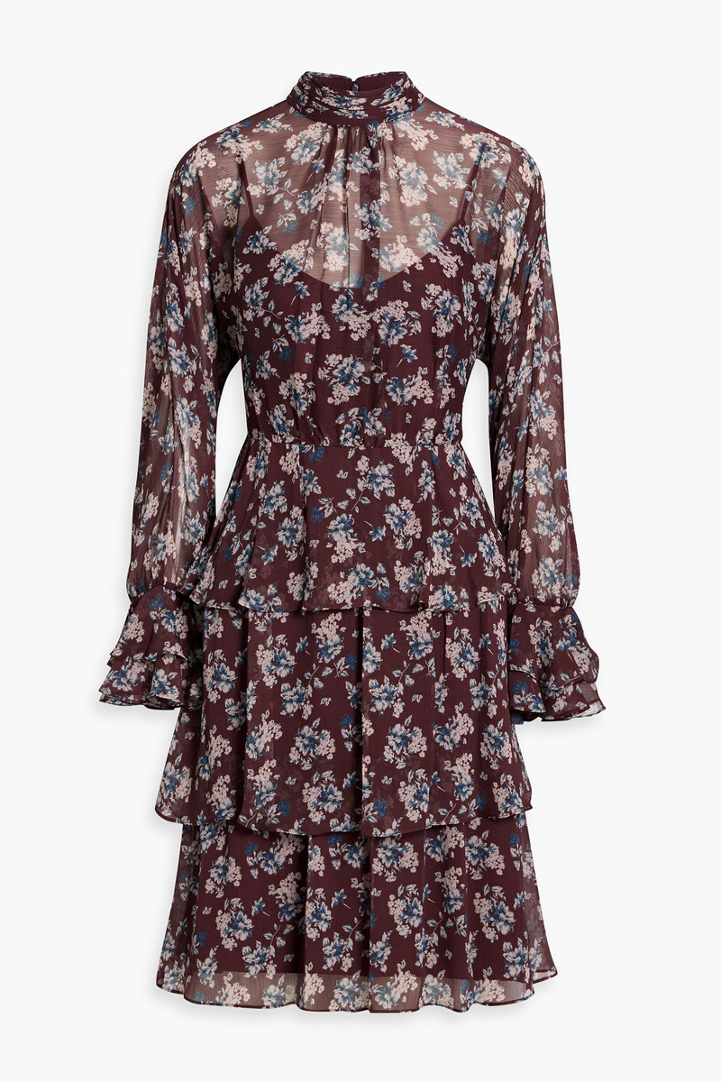 mikael aghal - tiered floral-print georgette dress - burgundy - us 2