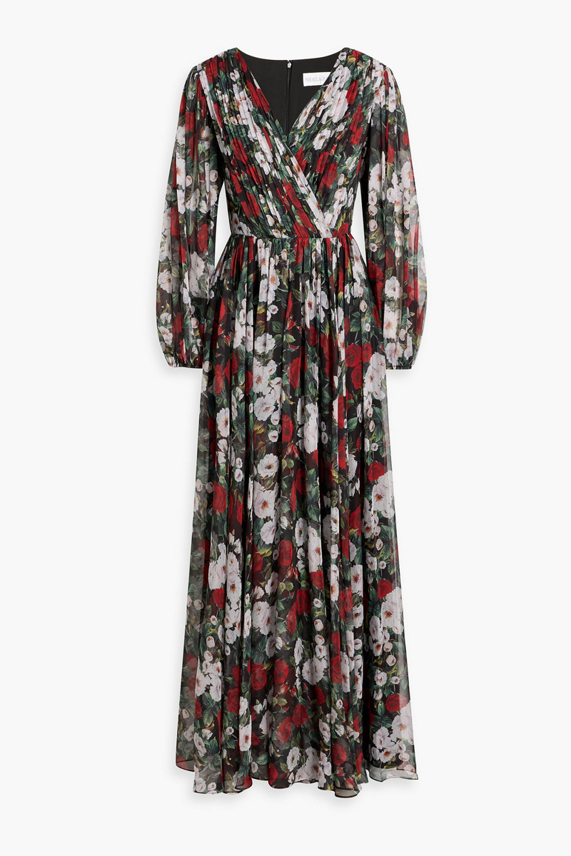 mikael aghal - pleated floral-print organza maxi dress - red - us 2