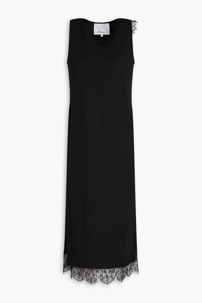 3.1 phillip lim - lace-trimmed crepe and ribbed jersey midi dress - black - xs