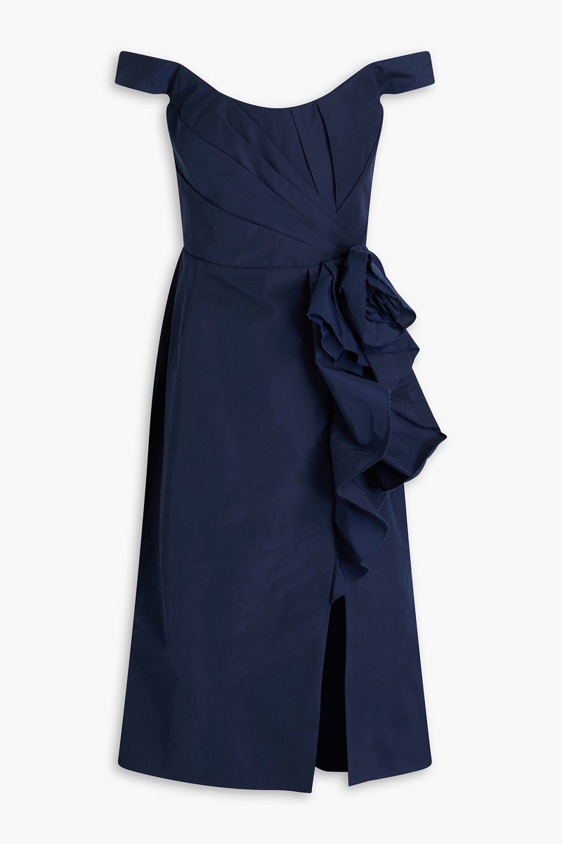 marchesa notte - off-the-shoulder floral-appliquéd taffeta midi dress - blue - us 2