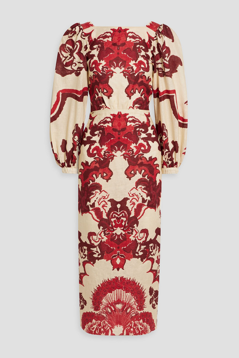 johanna ortiz - caribena cutout printed linen midi dress - red - us 12