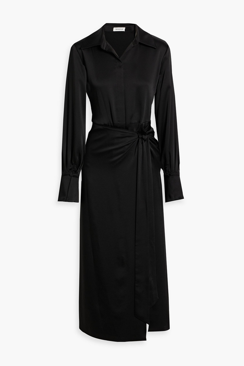 simkhai - samba wrap-effect satin-crepe midi shirt dress - black - us 0