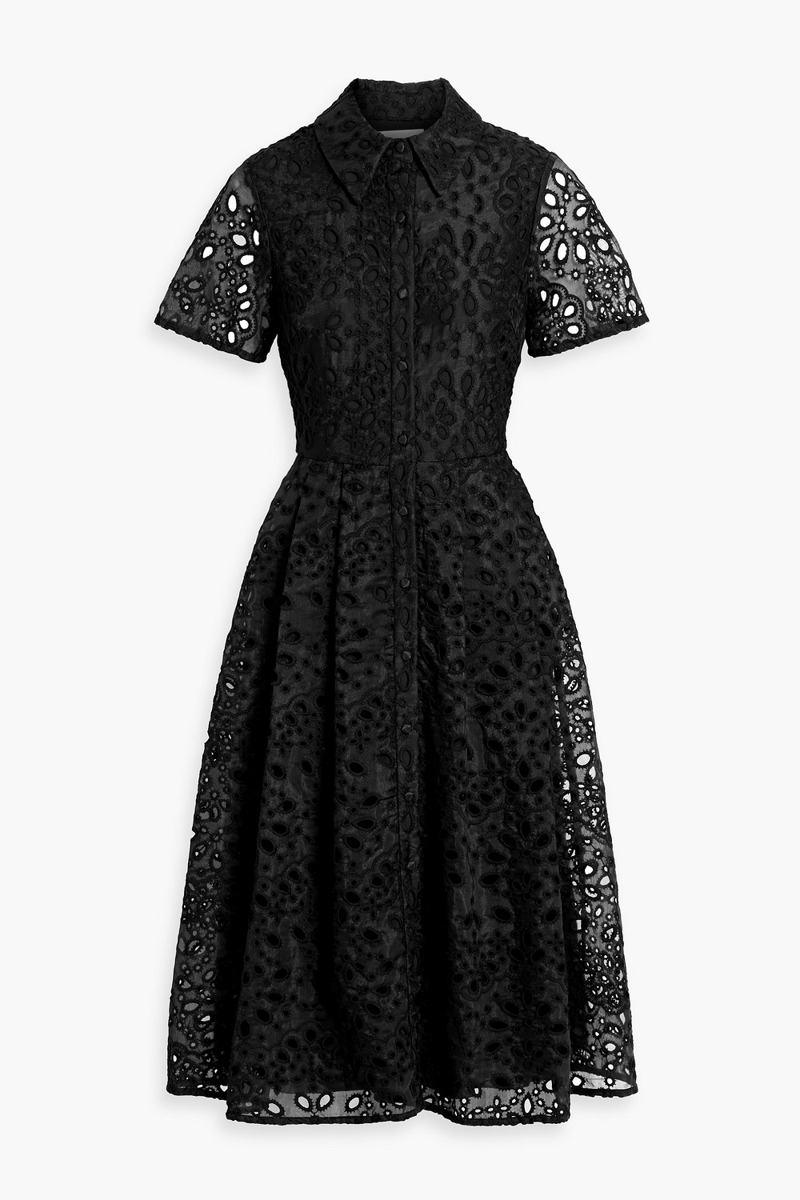 mikael aghal - pleated broderie anglaise organza midi shirt dress - black - us 2