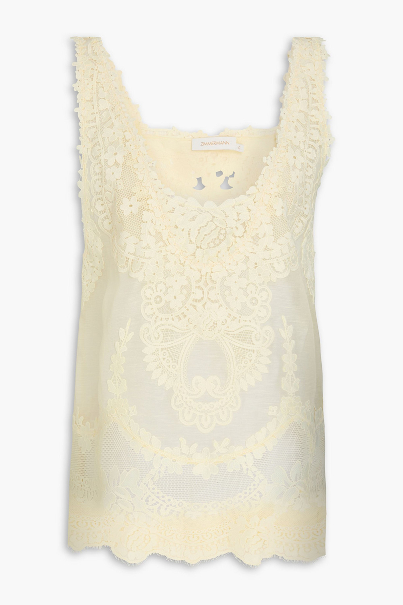 zimmermann - guipure lace-paneled linen and silk-blend gauze tank - yellow - 0