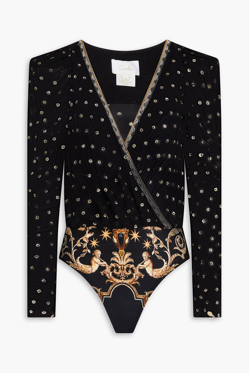 camilla - embellished printed metallic fil coupé silk-blend georgette and jersey bodysuit - black - m