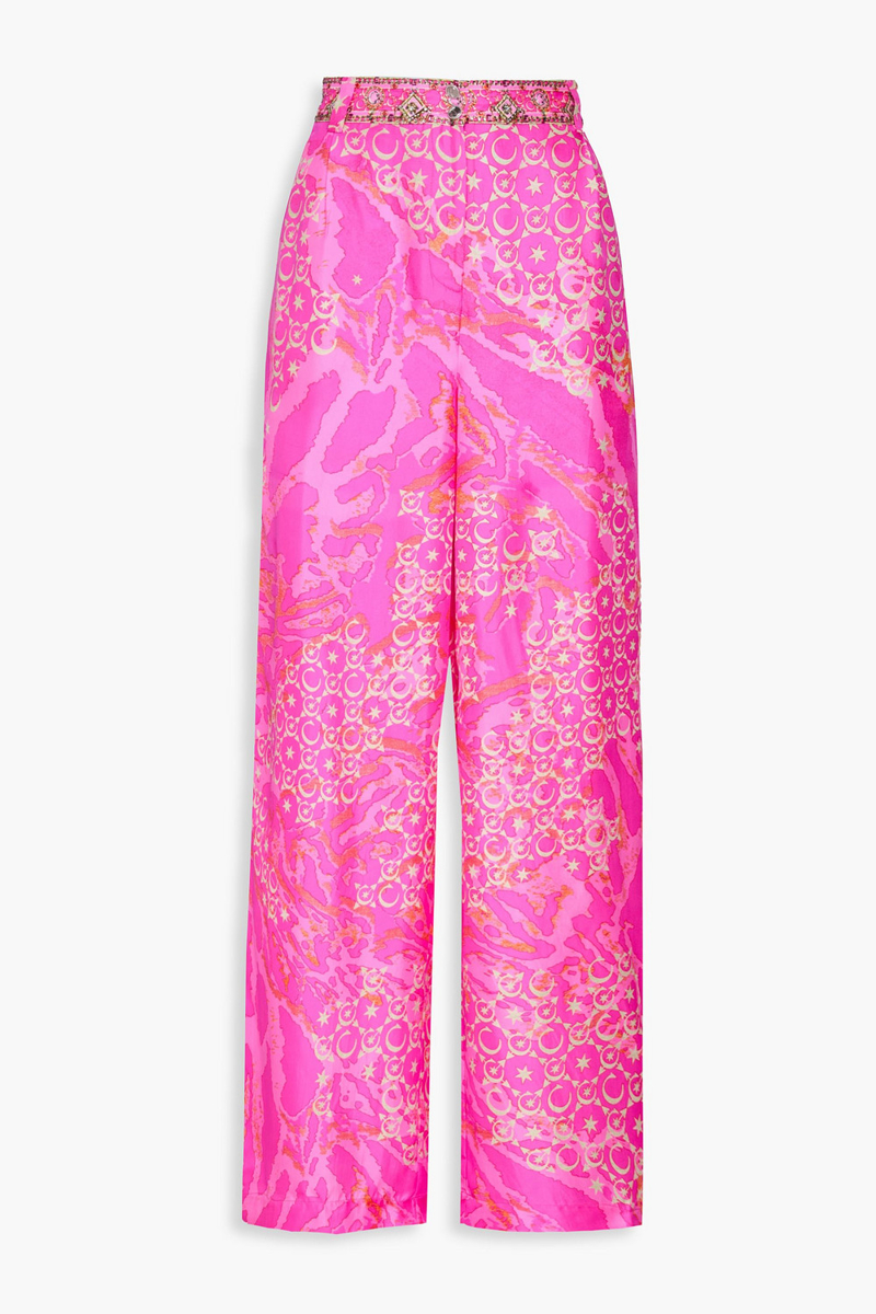 camilla - crystal-embellished printed silk-twill wide-leg pants - pink - xs