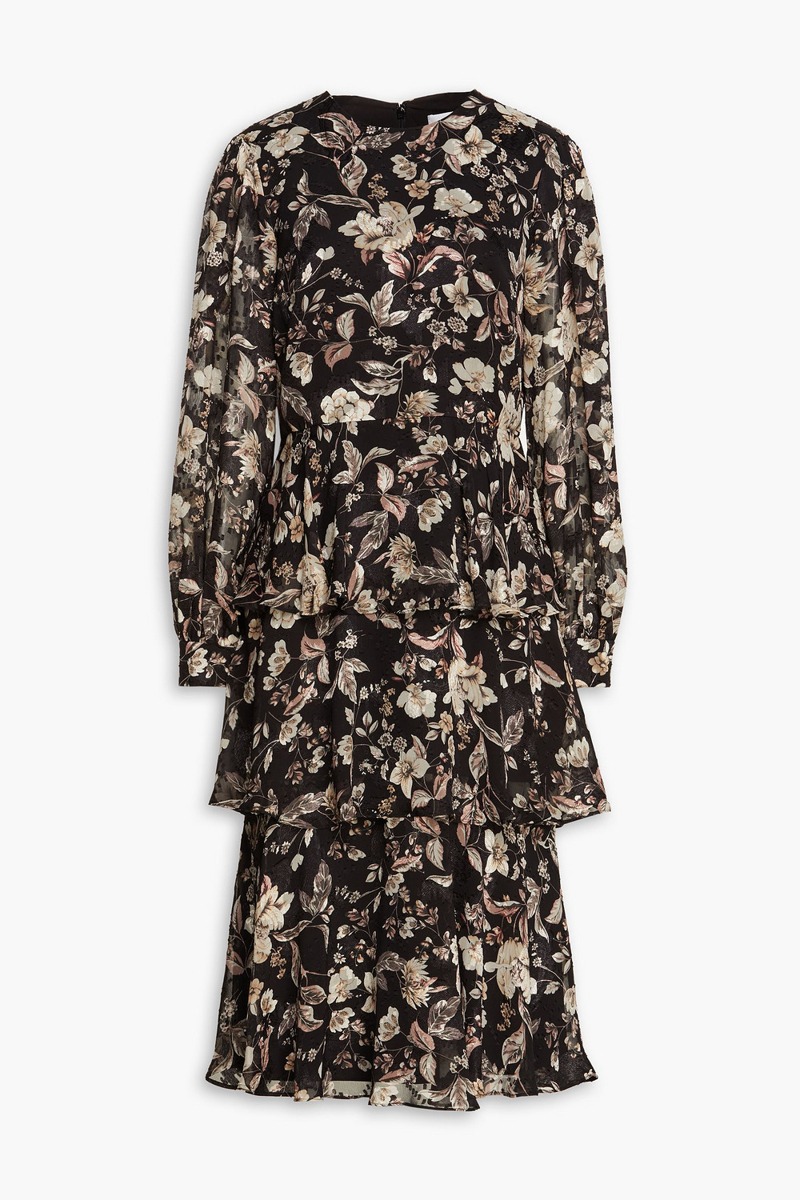 Mikael Aghal - Tiered floral-print jacquard midi dress - Black - US 4