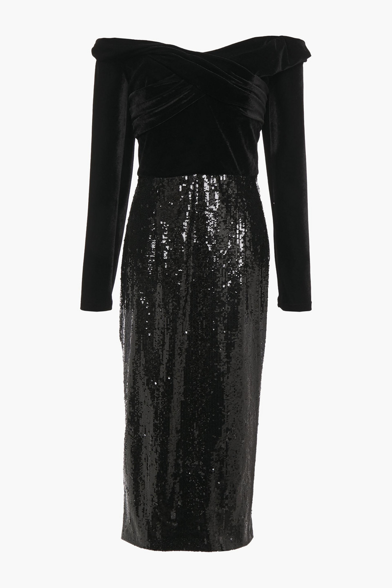 Marchesa Notte - Off-the-shoulder velvet-paneled sequined tulle midi dress - Black - US 2