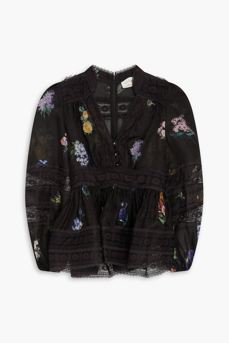 zimmermann - floral-print linen and silk-blend peplum blouse - black - 00