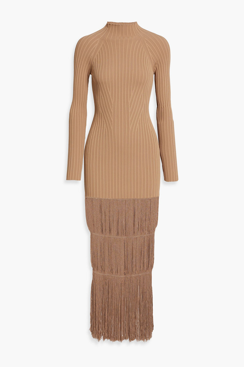 khaite - cedar fringed ribbed-knit maxi dress - brown - m