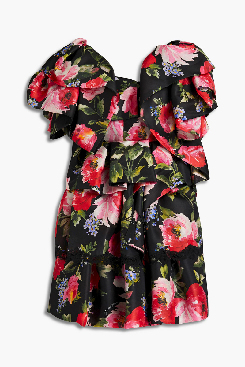 Dolce&Gabbana - Ruffled floral-print silk-blend satin mini dress - Black - IT 38