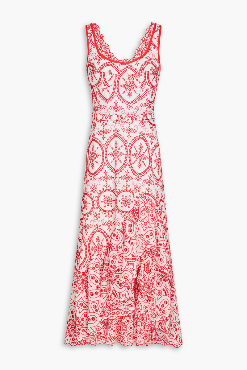 charo ruiz ibiza - tatyana belted ruffled broderie anglaise cotton-blend midi dress - red - s