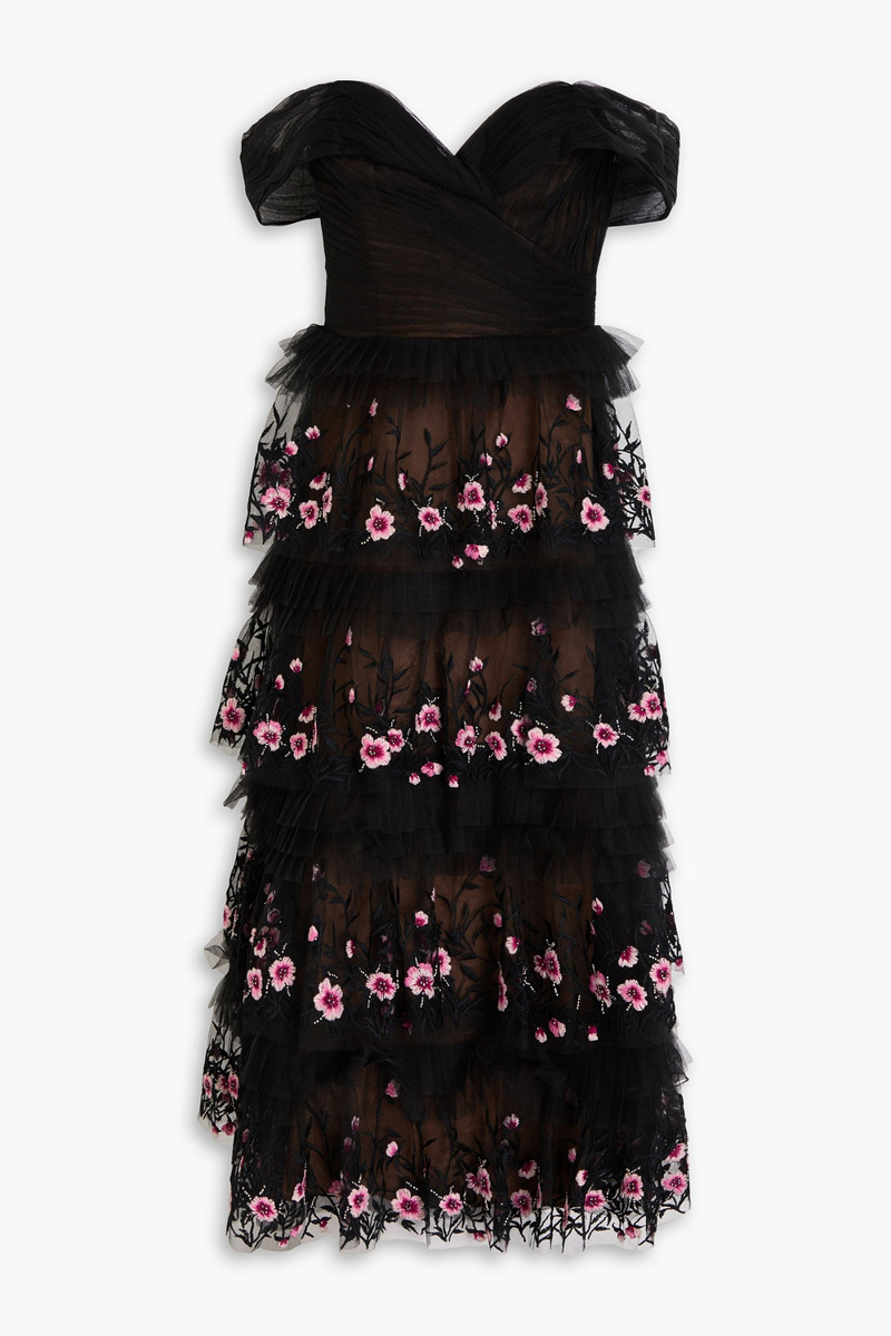 marchesa notte - off-the-shoulder embellished tulle midi dress - black - us 0