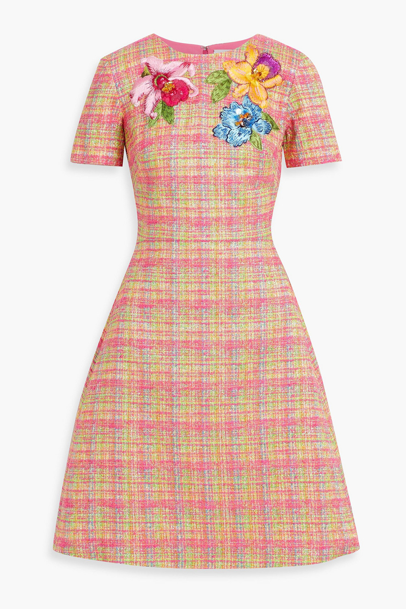 carolina herrera - floral-appliquéd metallic tweed dress - pink - us 6