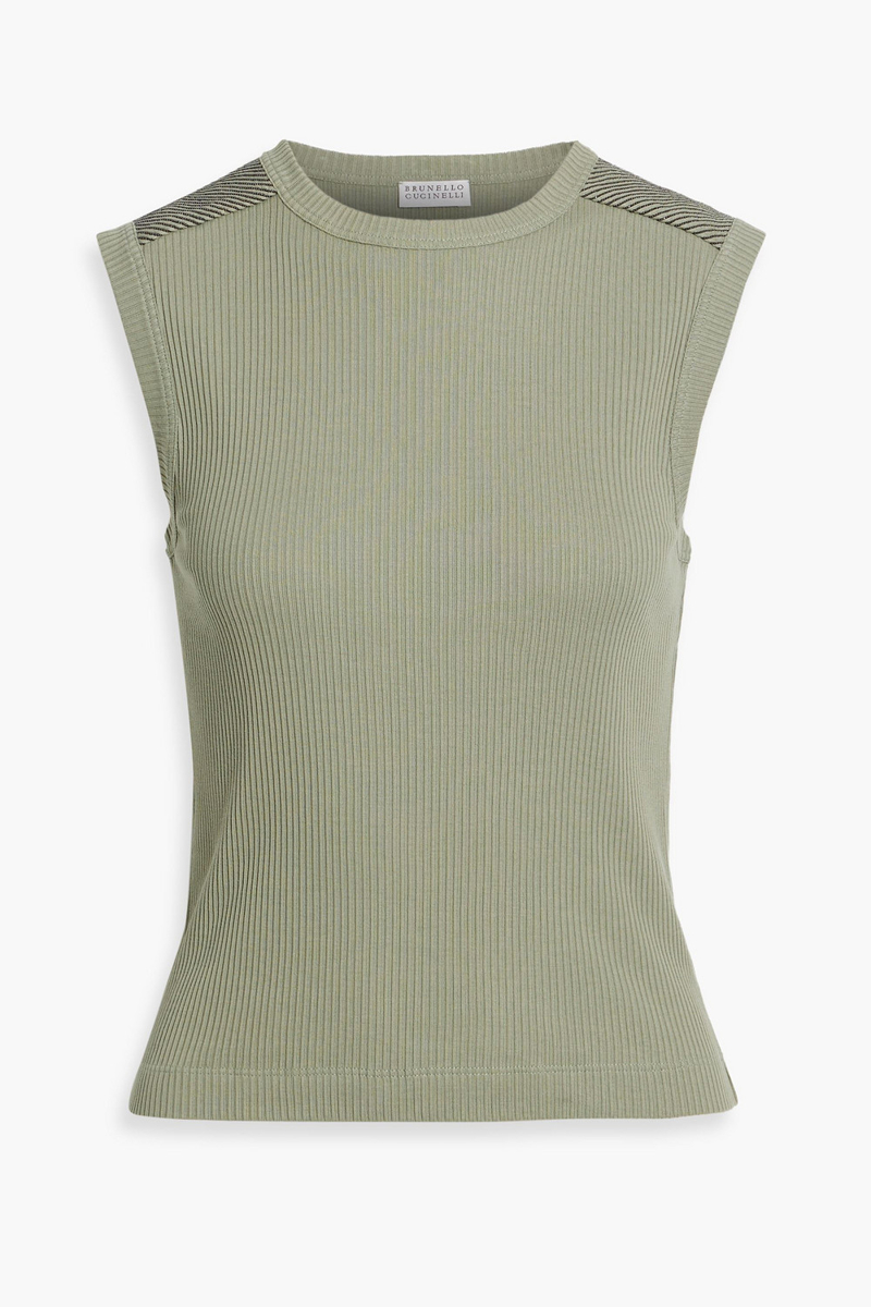 brunello cucinelli - bead-embellished ribbed cotton top - green - xs
