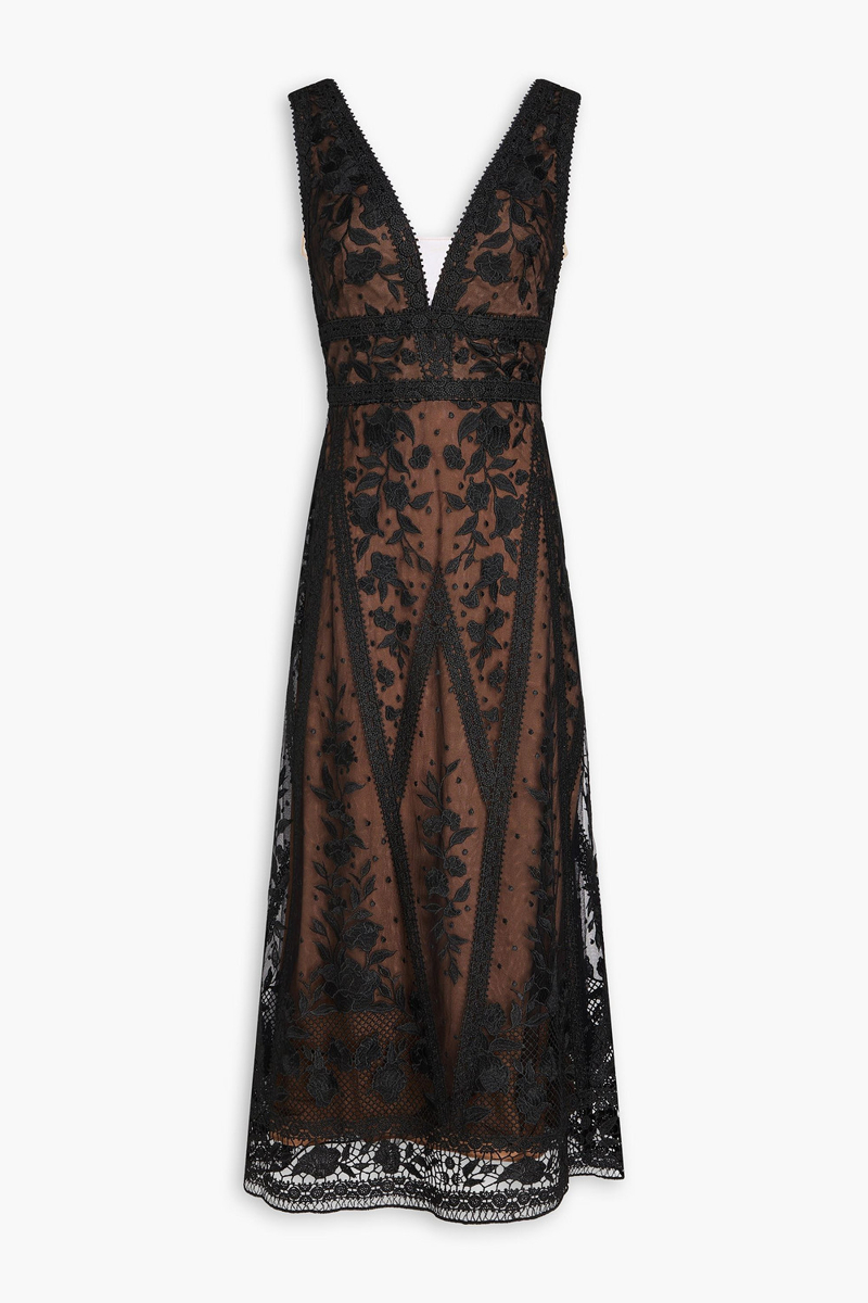 marchesa notte - tulle-trimmed guipure lace midi dress - black - us 2