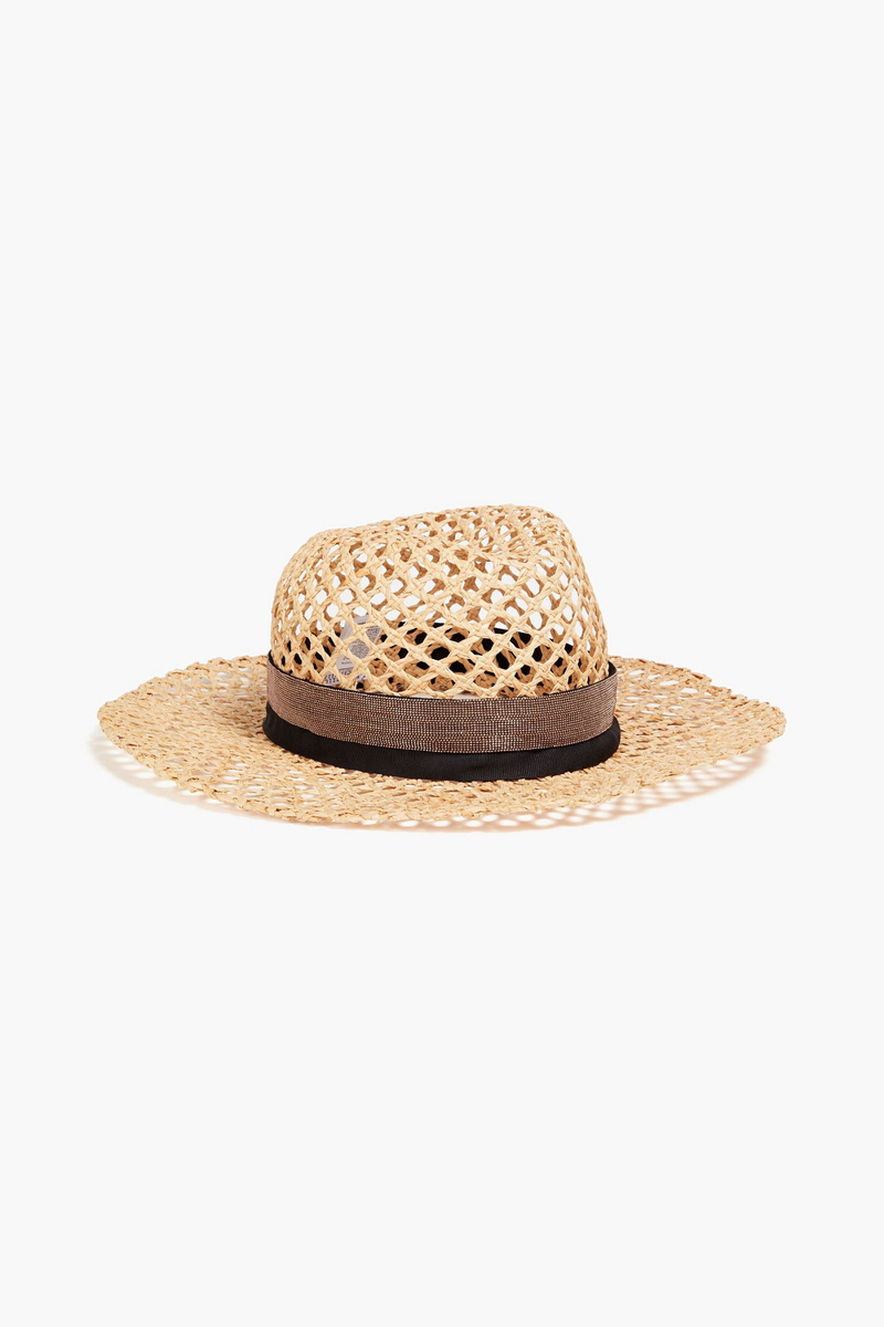 Brunello Cucinelli - Bead-embellished grosgrain-trimmed raffia sun hat - Neutral - M