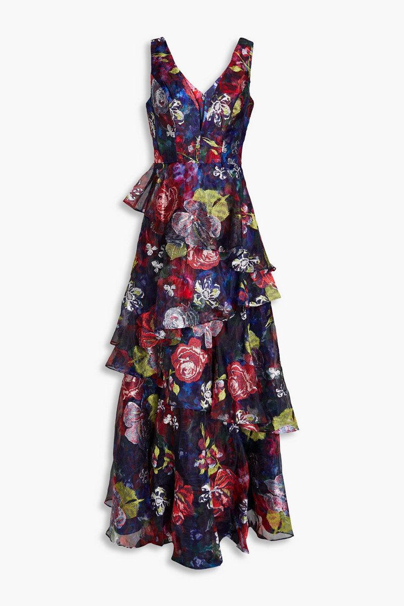 Marchesa Notte - Tiered embroidered floral-print organza gown - Blue - US 6