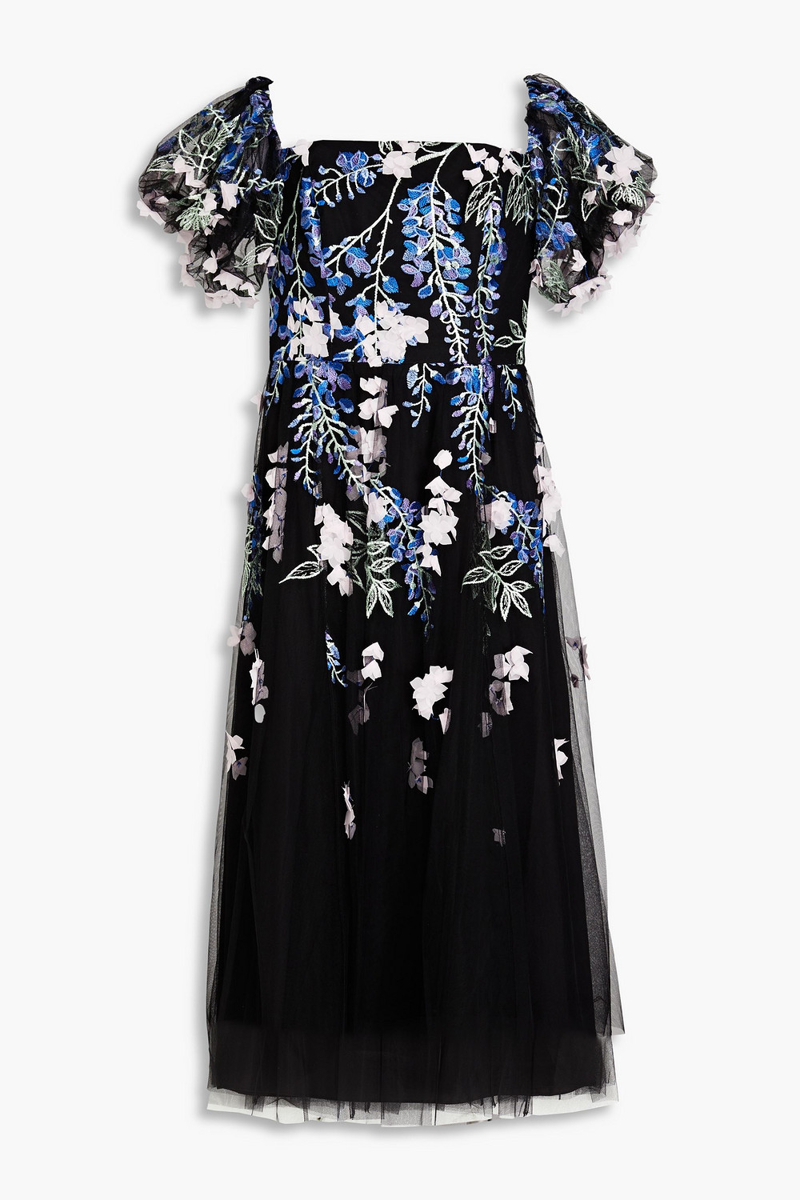 Marchesa Notte - Embroidered tulle midi dress - Black - US 8
