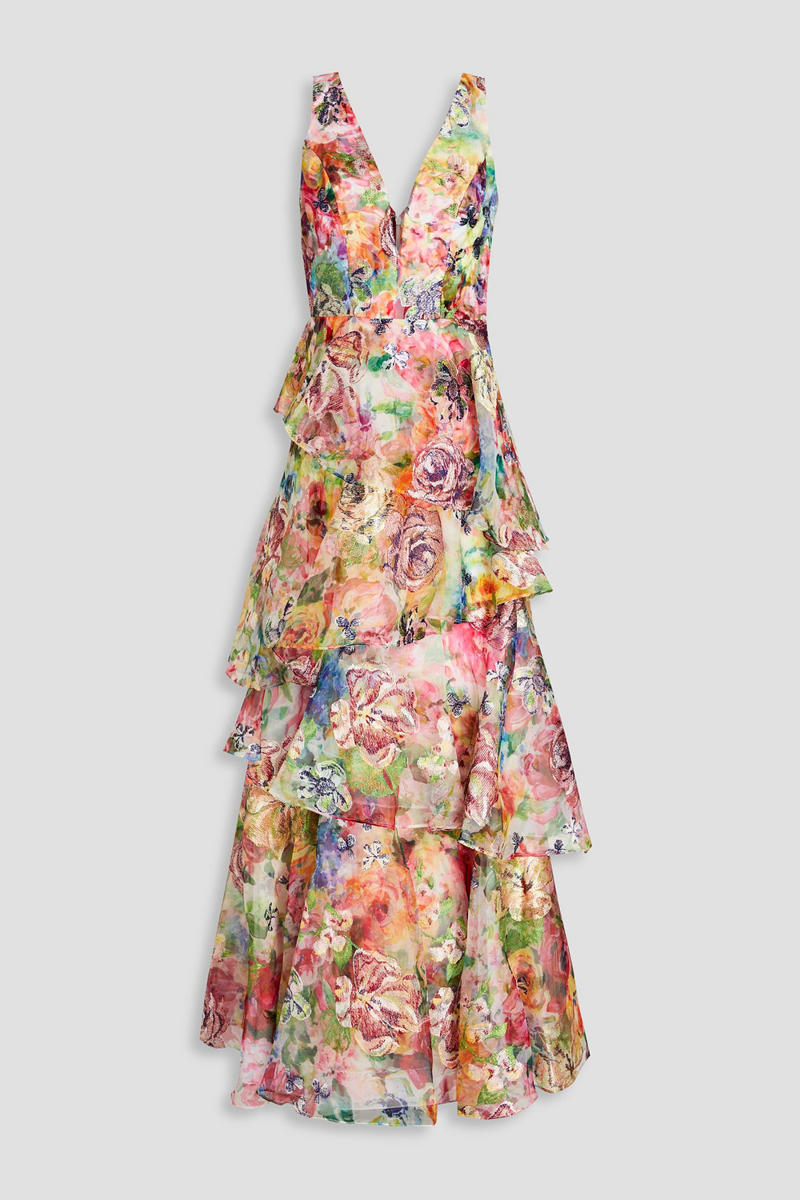 Marchesa Notte - Tiered embroidered floral-print organza gown - White - US 6