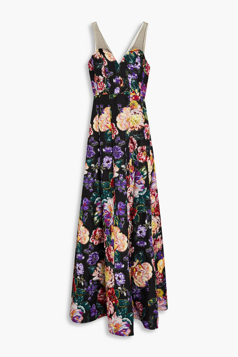 Marchesa Notte - Tulle-trimmed floral-jacquard gown - Black - US 6