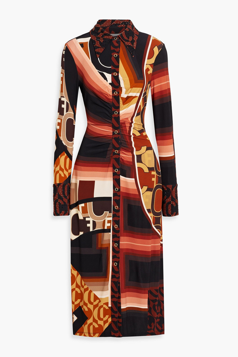 camilla - crystal-embellished printed stretch-jersey midi shirt dress - brown - m