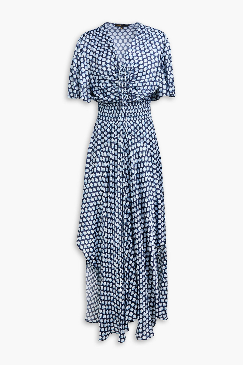 maje - asymmetric printed satin maxi dress - blue - fr 40