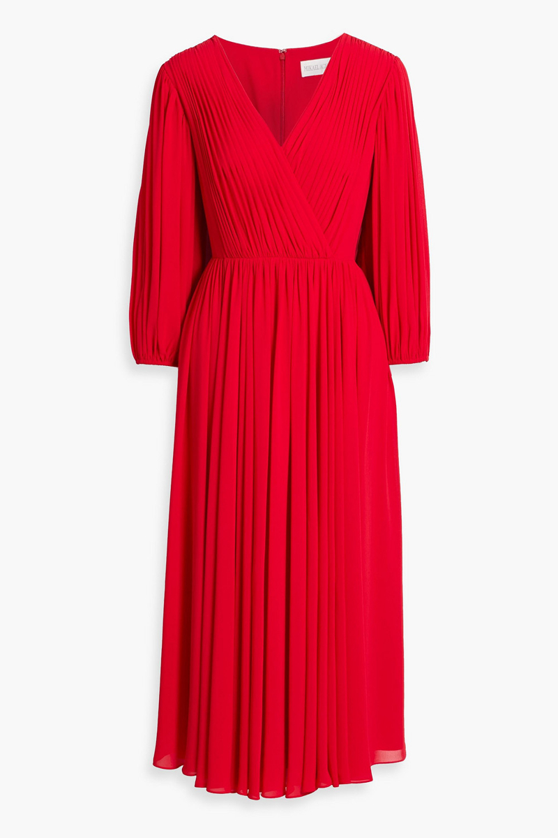 mikael aghal - wrap-effect pintucked chiffon midi dress - red - us 6