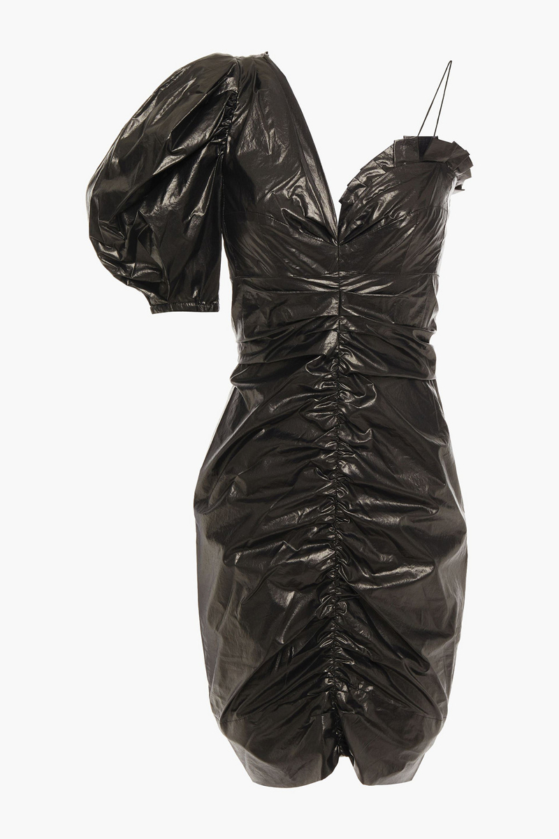 Isabel Marant - One-sleeve ruched coated-cotton mini dress - Black - FR 34